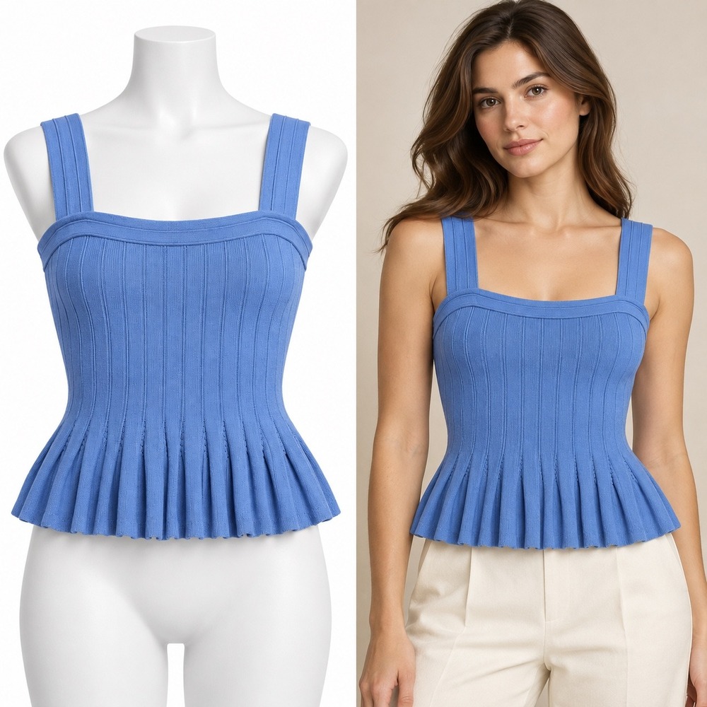 Express Peplum Tank Top Women Large Blue Ribbed Knit Square Neck Sleeveless Cami